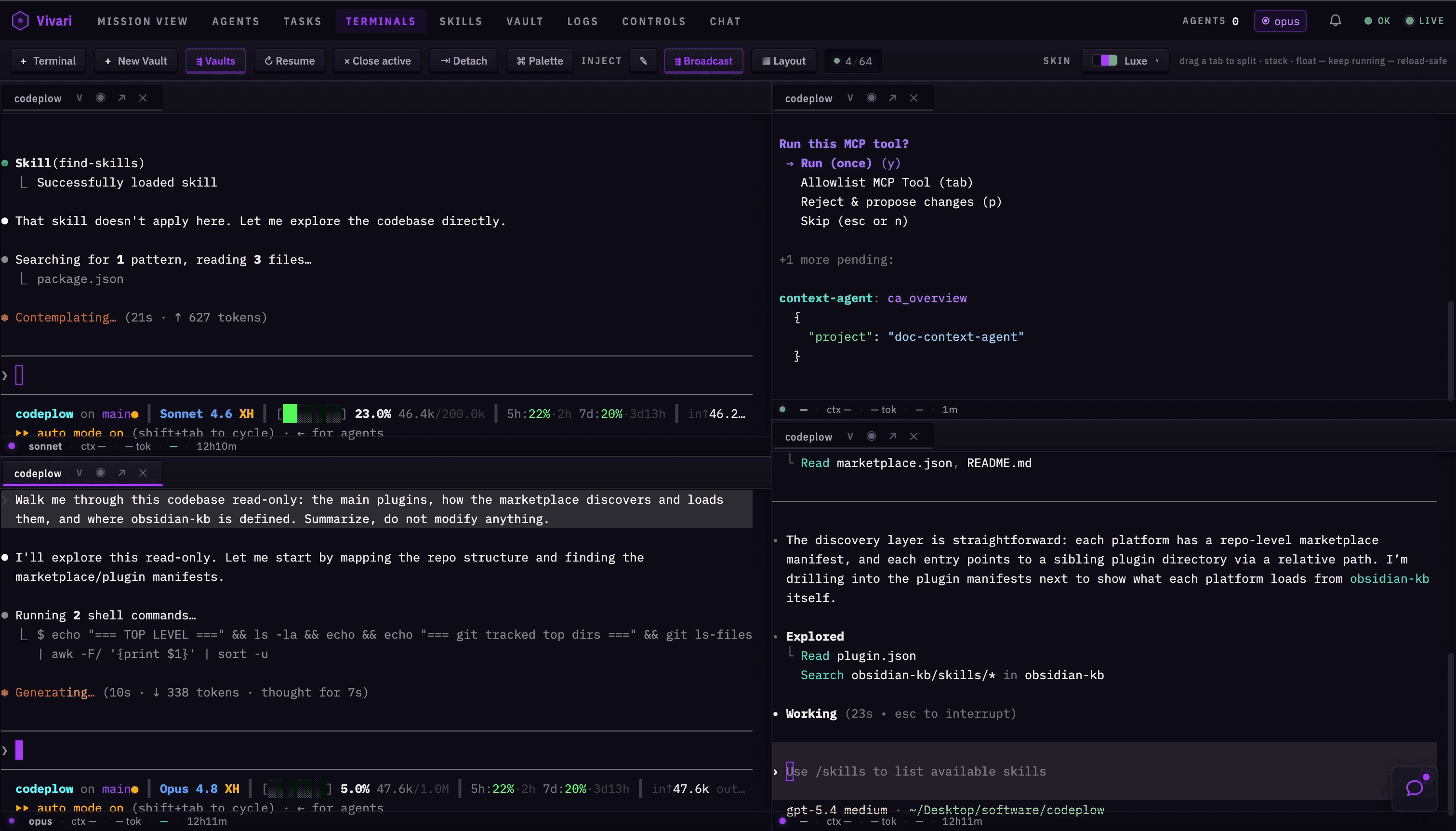 Vivari terminals side by side - streaming Claude Code sessions with context meters and queued approvals