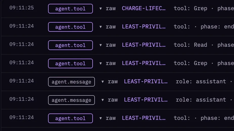 The Vivari event log: timestamped agent.tool and agent.message events with tool names, phases, and tool_use ids