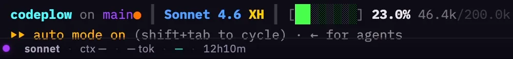 Terminal status bar of one Vivari pane: Sonnet 4.6 with a live context meter at 23%