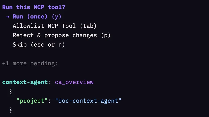 A Vivari permission gate in a live terminal: “Run this MCP tool?”: run once, allowlist, reject and propose changes, or skip