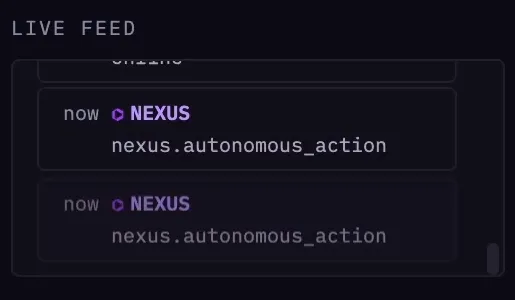 The Vivari live feed showing two nexus.autonomous_action events, the orchestrator acting on its own heartbeat